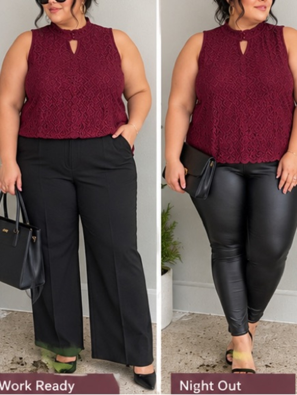 Plus Size Sleeveless Lace Keyhole Blouse - Burgundy